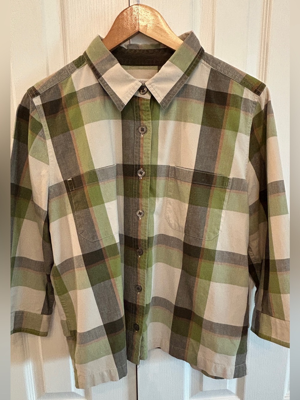 Christopher & Banks 100% Cotton Plaid Cropped Button Down Green L EUC
